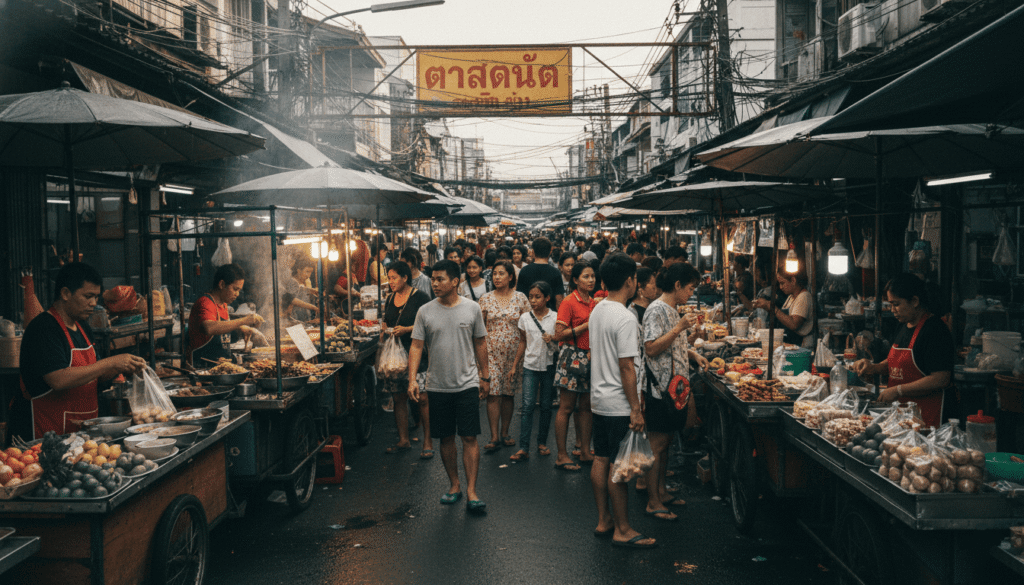 Scène de marché urbain dans un quartier populaire, mélange d’expatriés et locaux,
