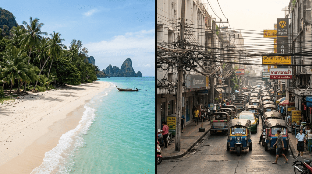 une plage paradisiaque déserte (avantage), à droite une rue de Bangkok avec des câbles électriques emmêlés et un embouteillage de Tuks-Tuks