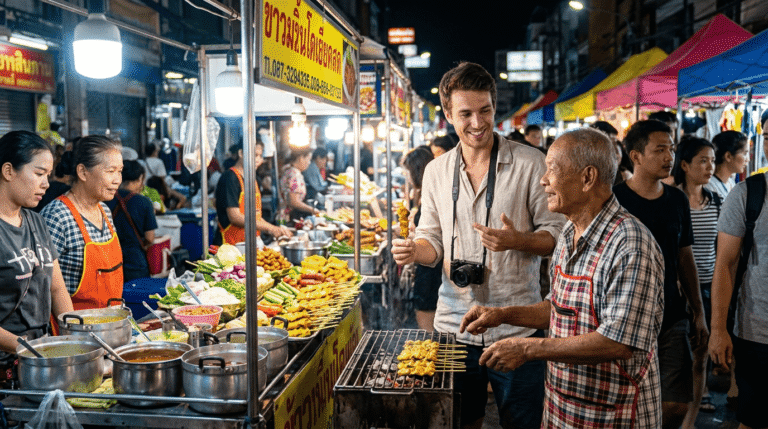 Un Français discutant amicalement avec un marchand de rue thaïlandais sur un marché local coloré (marché de nuit)