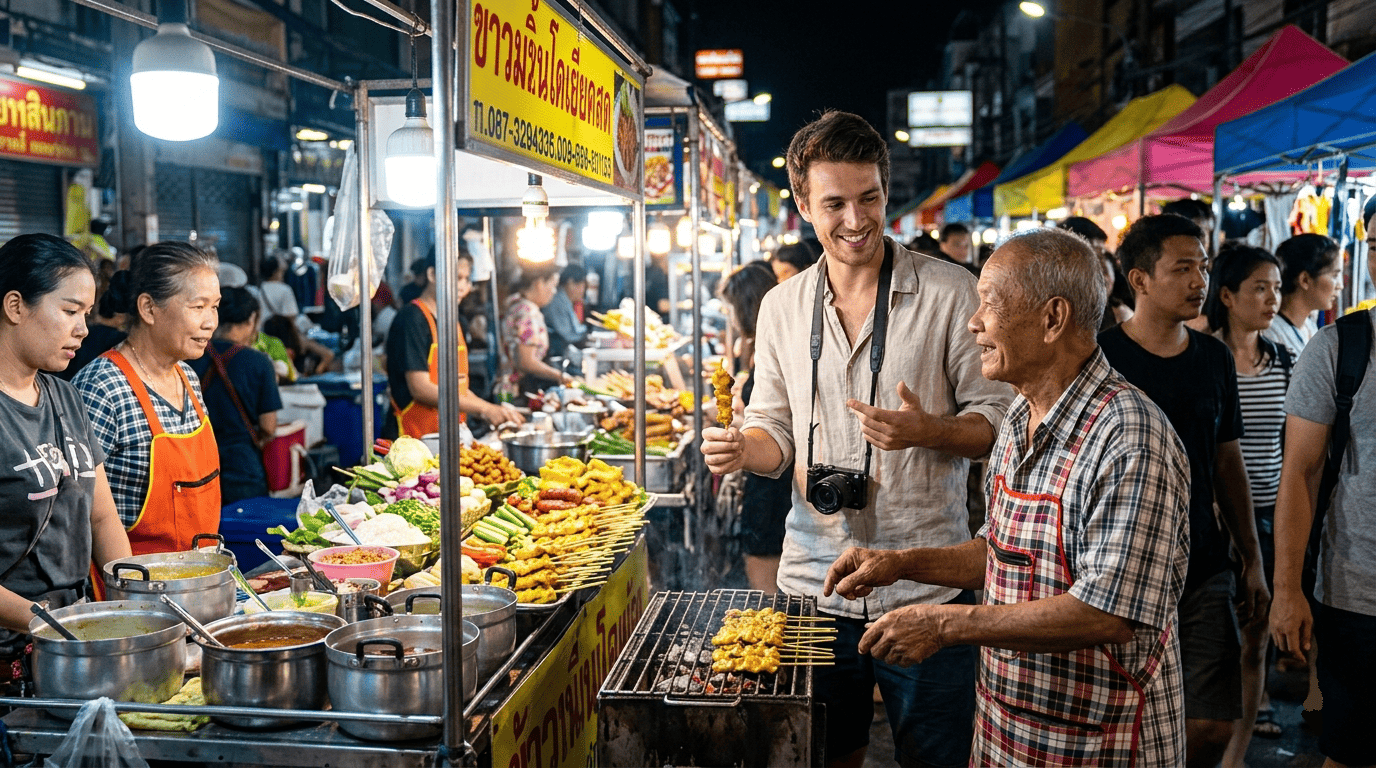 Un Français discutant amicalement avec un marchand de rue thaïlandais sur un marché local coloré (marché de nuit)
