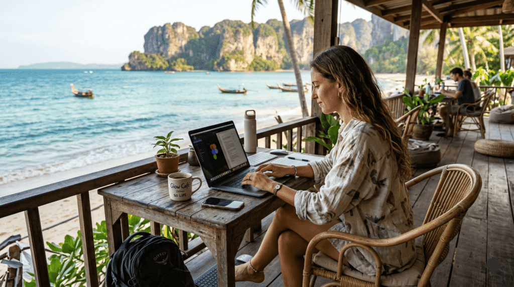 jeune femme qui trvaaille face à la plage en Thailande