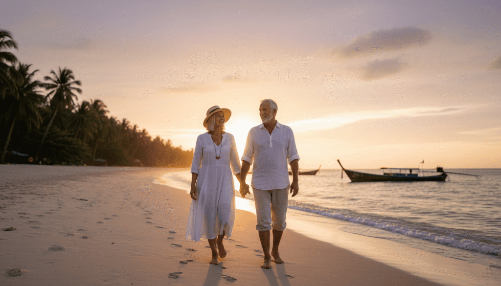 un couple de retraités sur la plage en Thailand