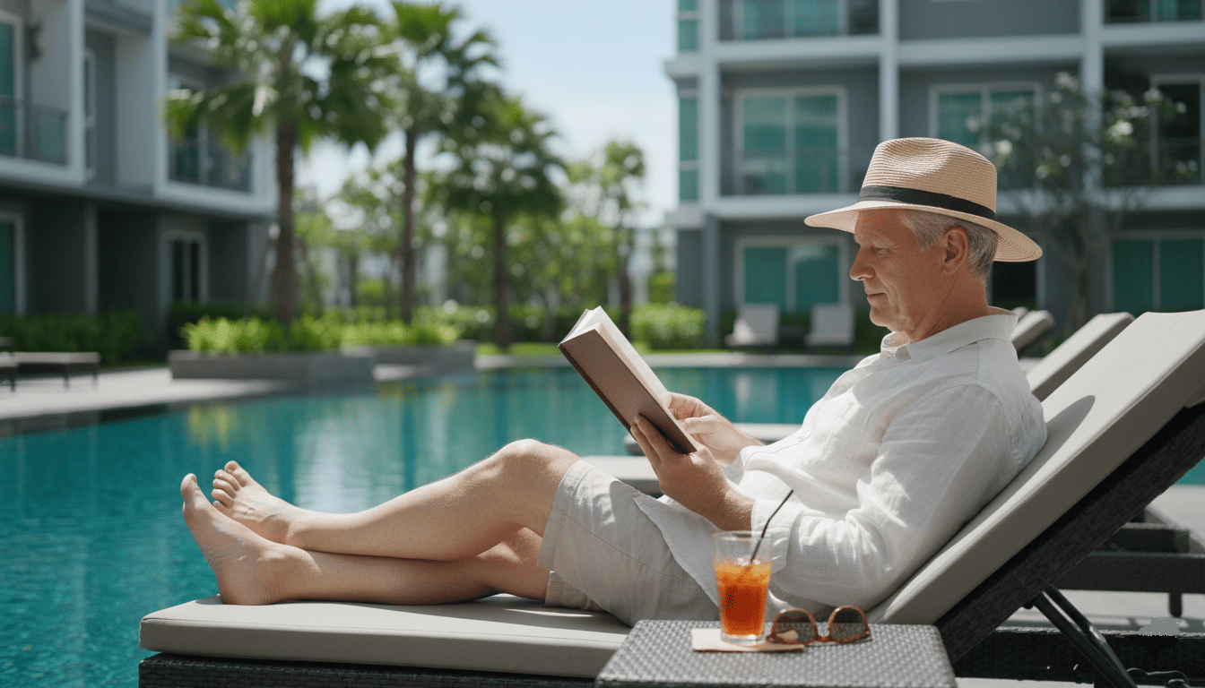 Retraité au bord d'une piscine en Thailand