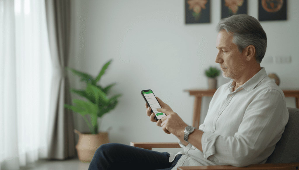 Homme expatrié assis dans un salon moderne, utilisant son smartphone pour remplir une déclaration en ligne