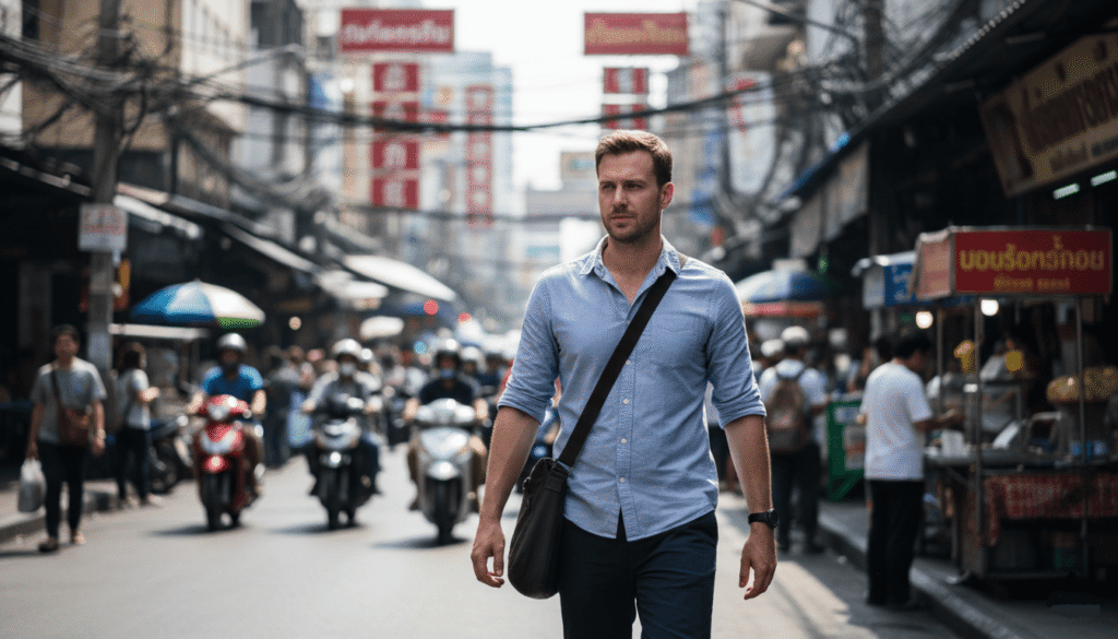 Rue urbaine de Bangkok en journée, expatrié marchant avec un sa
