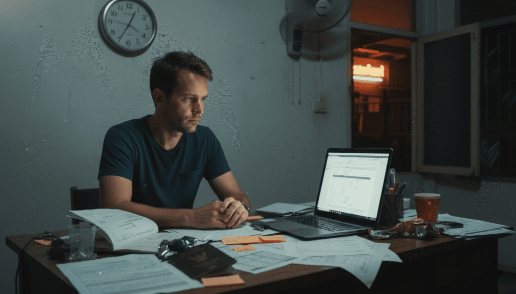 Appartement en soirée, homme assis seul à un bureau, lumière d’écran éclairant son visage, documents de visa dispersé