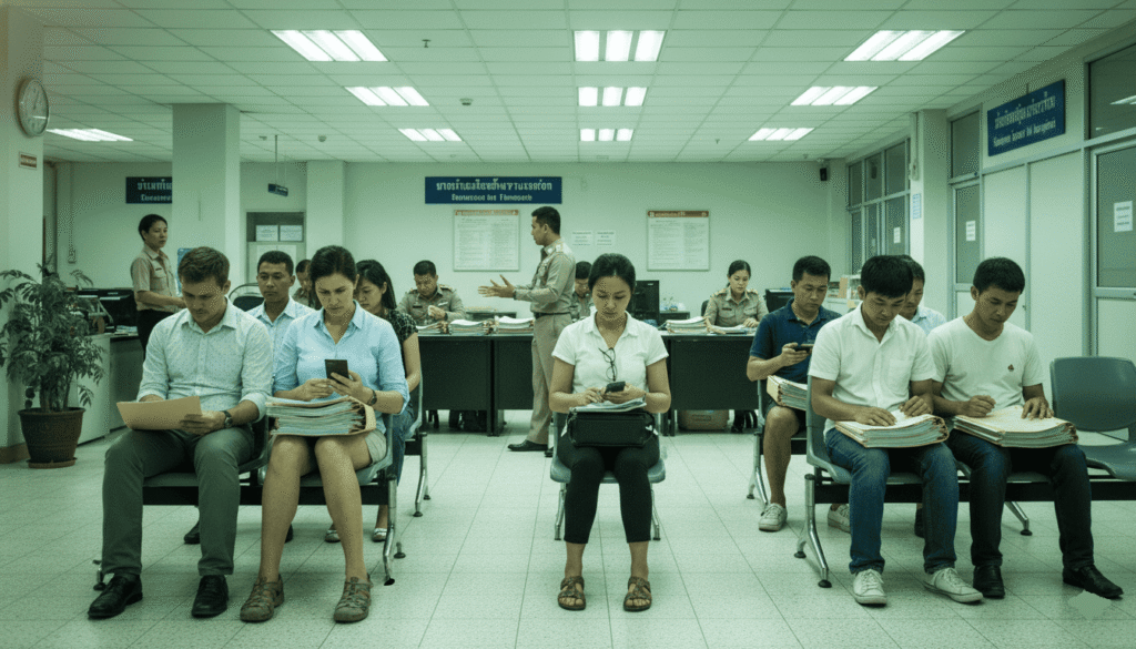 Salle d’attente d’un bureau d’immigration thaïlandais, rangée de chaises occupées par des expatriés de différentes nationalités