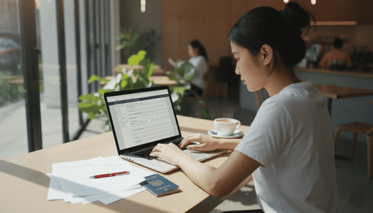 Table de café moderne avec ordinateur portable ouvert, formulaire administratif affiché à l’écran, papiers imprimés annotés, jeune femme concentrée tapant au clavier