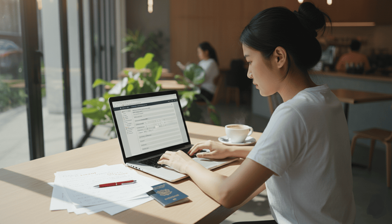 Table de café moderne avec ordinateur portable ouvert, formulaire administratif affiché à l’écran, papiers imprimés annotés, jeune femme concentrée tapant au clavier