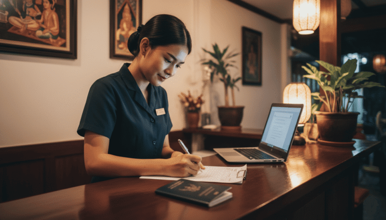 Réception d’un petit hôtel thaïlandais, employé derrière un comptoir en bois remplissant un formulaire d’enregistrement
