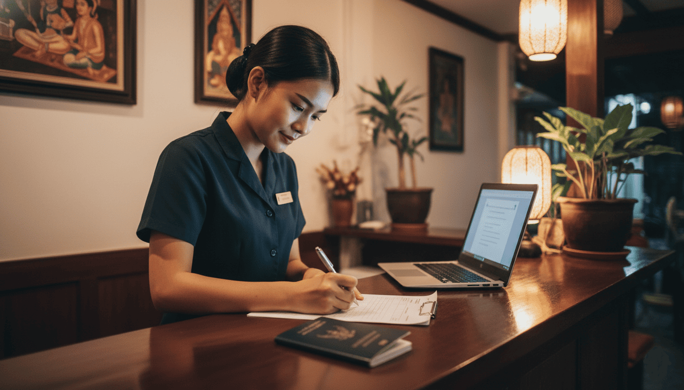 Réception d’un petit hôtel thaïlandais, employé derrière un comptoir en bois remplissant un formulaire d’enregistrement