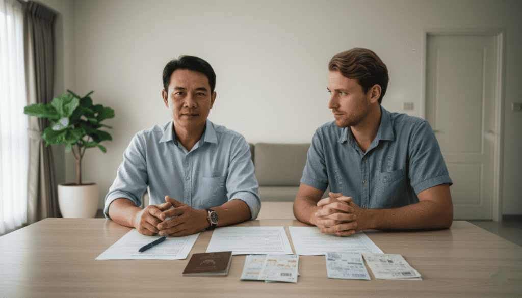 Appartement moderne, propriétaire thaïlandais et locataire étranger assis à une table