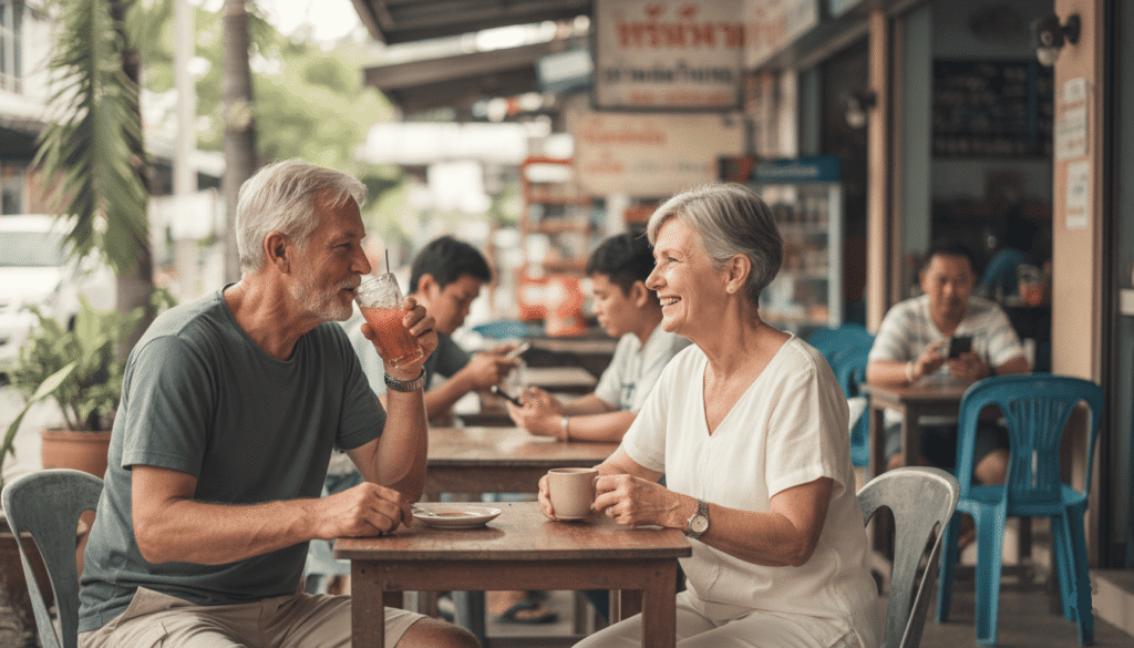 Coupe d'expatriés retraités dans un café simple en Thailande