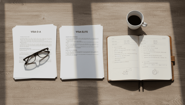 documents imprimés organisés en deux piles distinctes, lunettes de lecture posées dessus, carnet ouvert avec notes manuscrites,