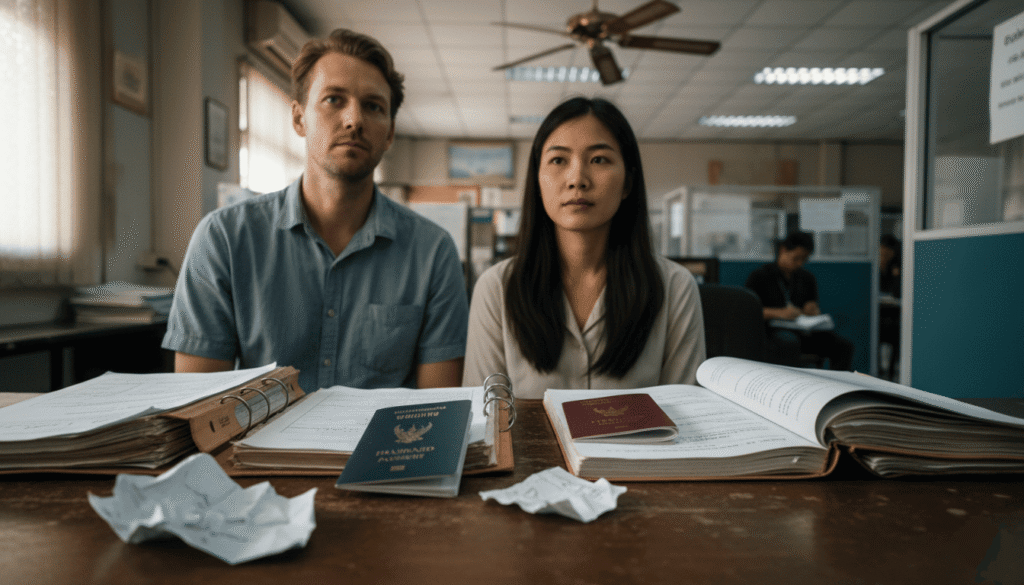 couple frainçais-thailandaise dans un bureau administratif thailandais