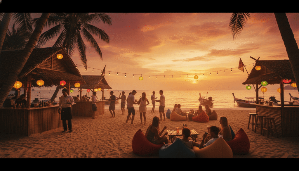 Plage animée de Koh Samui avec bars en bambou, touristes et expatriés profitant du coucher de soleil