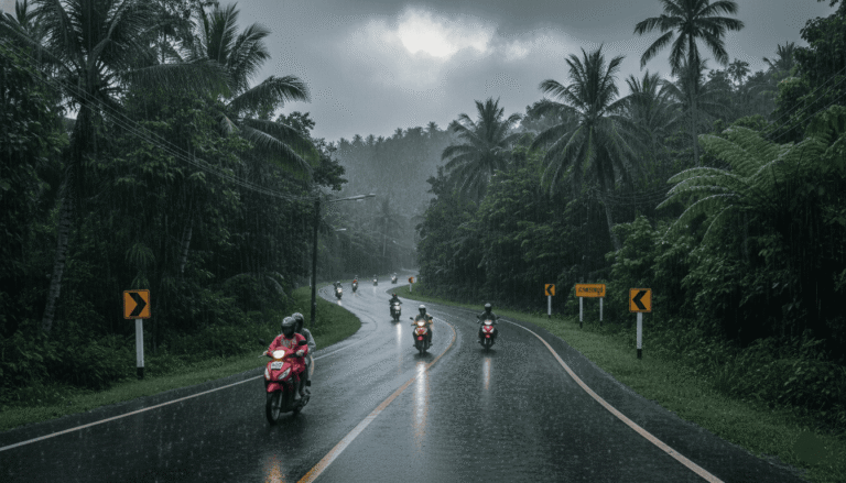 Route tropicale sinueuse à Koh Samui avec scooters sous la pluie, jungle dense autour, panneaux routiers