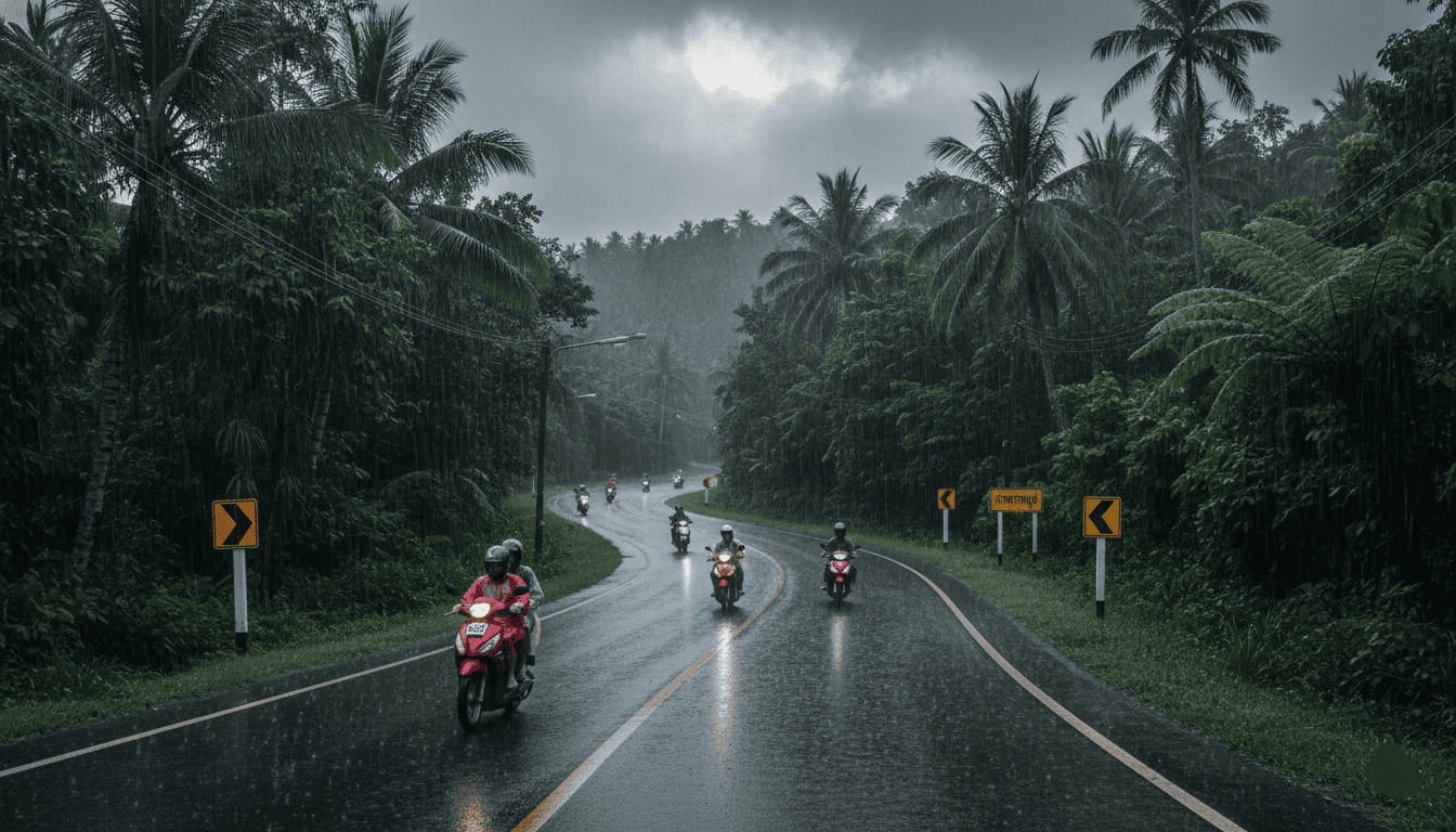 Route tropicale sinueuse à Koh Samui avec scooters sous la pluie, jungle dense autour, panneaux routiers