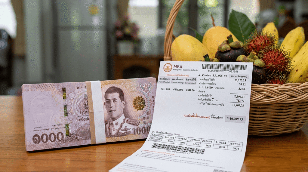 une liasse de billets de 1000 Bahts à côté d'une facture d'électricité thaïlandaise réaliste et d'un panier de fruits tropicaux frais