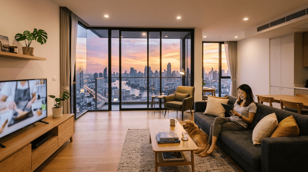 Un appartement de type "condo" moderne à Bangkok avec vue sur la skyline au coucher du soleil à travers une baie vitrée.