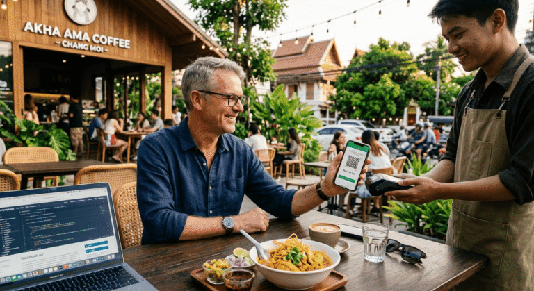 Un expatrié européen souriant, assis à la terrasse d'un café moderne à Chiang Mai, payant son café avec son téléphone.